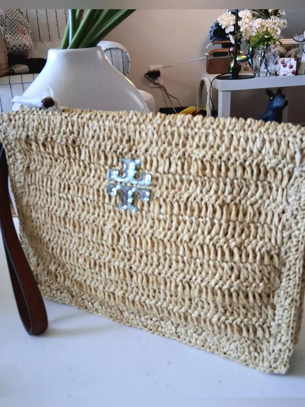 TORY BURCH RAFFIA WRISTLET CLUTCH BAG NWT